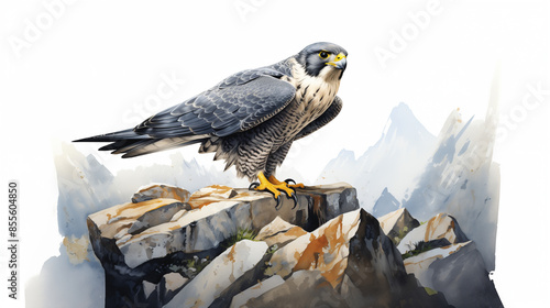 Watercolor illustration of a Peregrine falcon with sharp eyes, black and white plumage, perched on a stone against blurred background.