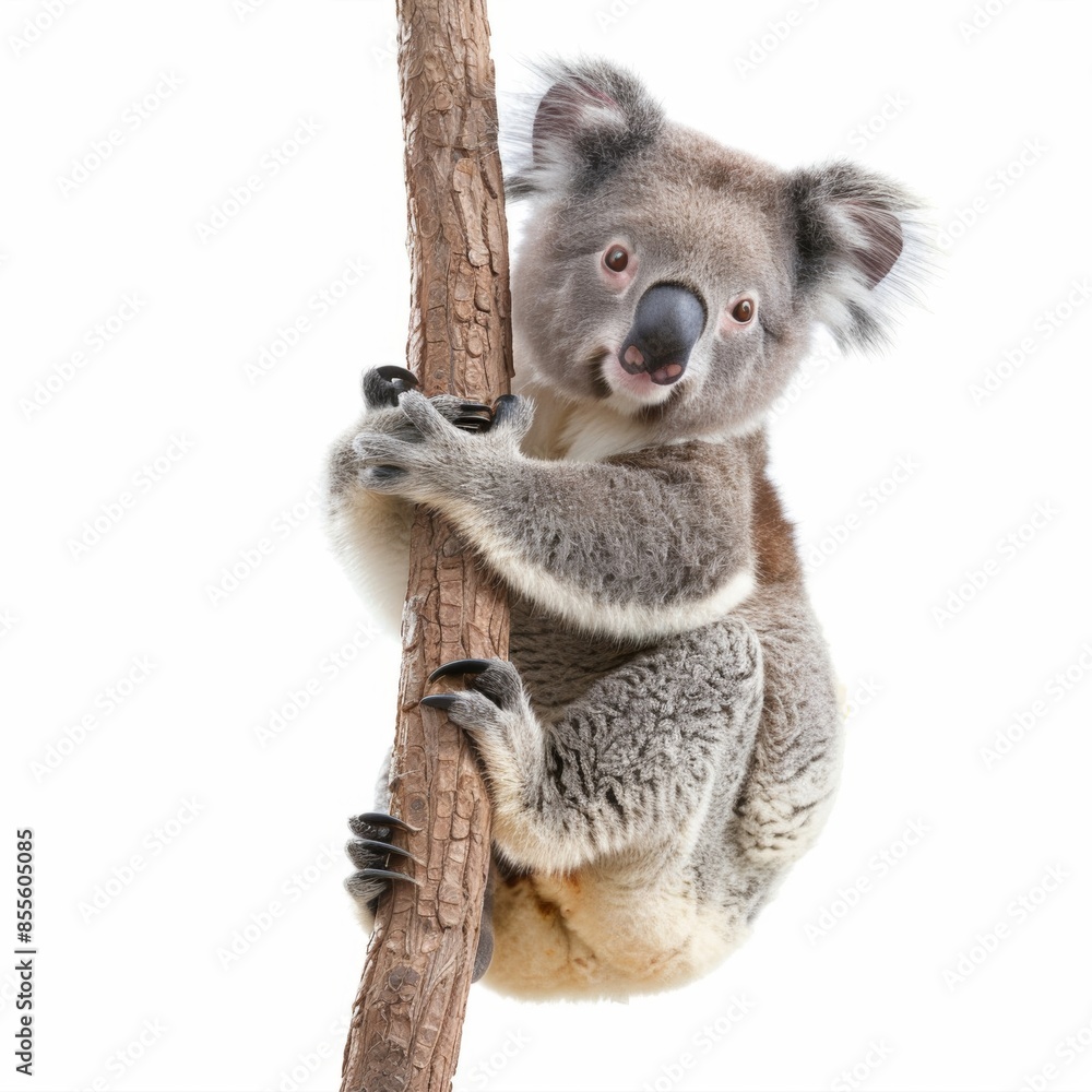 Naklejka premium A cute koala clinging to a eucalyptus branch, isolated on a white background