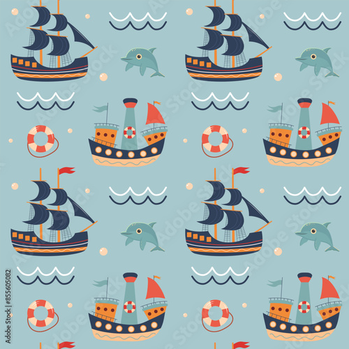 Seamless pattern with sailing ships, dolphin, lifebuoy, waves and bubbles. Cute Marine pattern for fabric, baby clothes, background, textile, wrapping paper. Nursery art style.