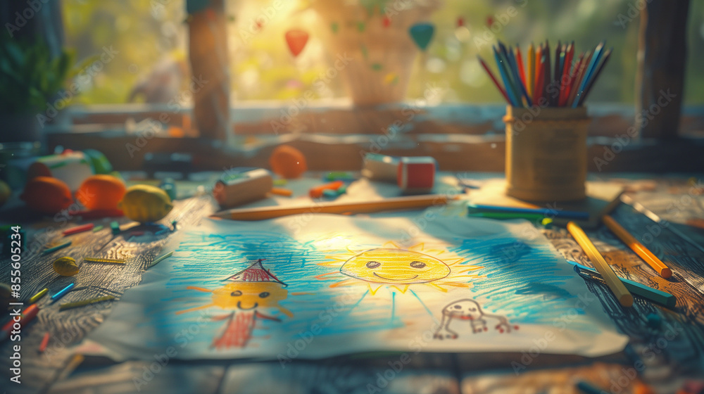 Children's drawing with colored pencils depicting children's learning Children's drawing with colored pencils depicting children's learning