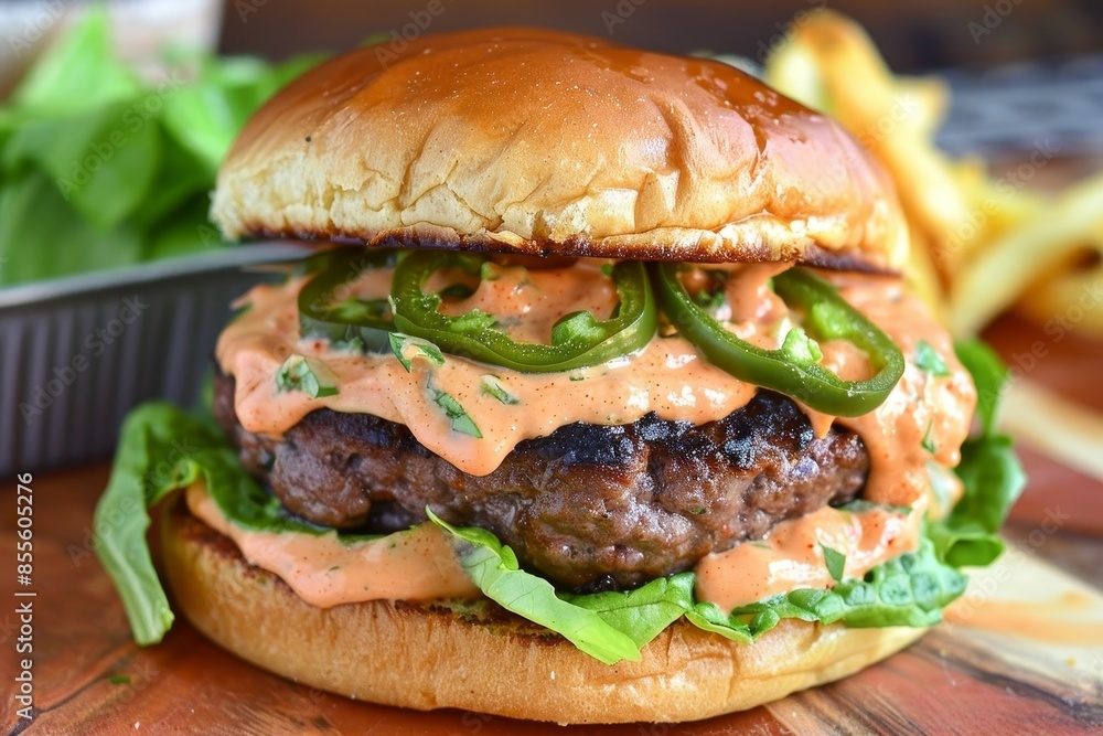A hamburger topped with jalape��os, pepper jack cheese, lettuce, tomato, onions, pickles, and mustard, A spicy cheeseburger with pepper jack cheese, jalapenos, and chipotle aioli A hamburger topped with jalape��os, pepper jack cheese, lettuce, tomato, onions, pickles, and mustard, A spicy cheeseburger with pepper jack cheese, jalapenos, and chipotle aioli