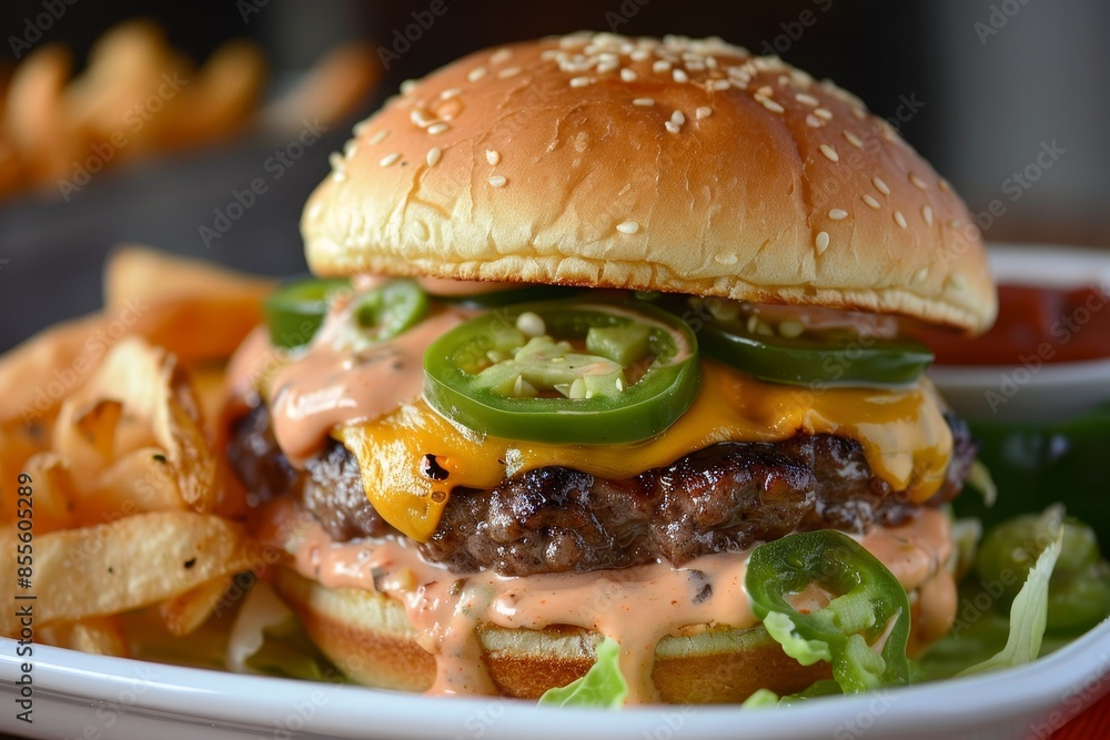 A cheeseburger topped with pepper jack cheese, jalapenos, onions, and peppers on a plate, A spicy cheeseburger with pepper jack cheese, jalapenos, and chipotle aioli A cheeseburger topped with pepper jack cheese, jalapenos, onions, and peppers on a plate, A spicy cheeseburger with pepper jack cheese, jalapenos, and chipotle aioli