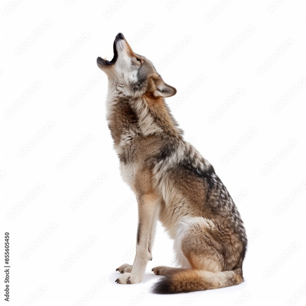 Fototapeta premium A solitary wolf howling, standing isolated on a white background