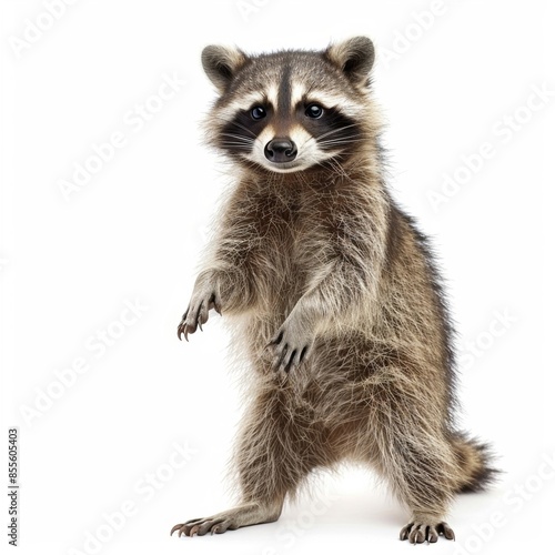 A cute raccoon standing upright on its hind legs, isolated on a white background Playful and curious, this furry mammal is known for its distinctive facial markings and bushy tail