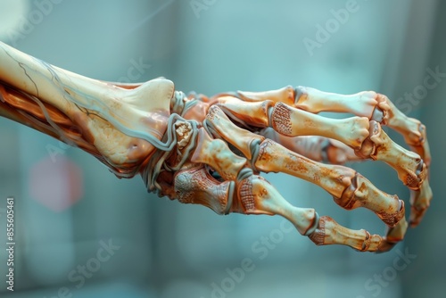 Detailed view of a human hand with splintered radius and ulna bones exposed, A splintered radius and ulna, rendered in vivid detail