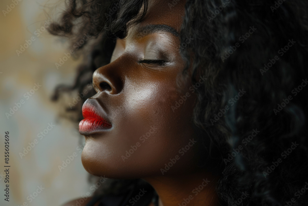 Obraz premium Serene Woman with Closed Eyes and Red Lips 