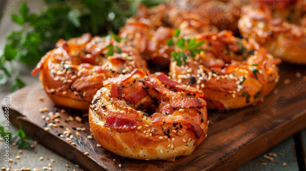 Tempeh Bacon Bagels. Freshly baked bagels topped with sesame seeds and bacon Tempeh Bacon Bagels. Freshly baked bagels topped with sesame seeds and bacon