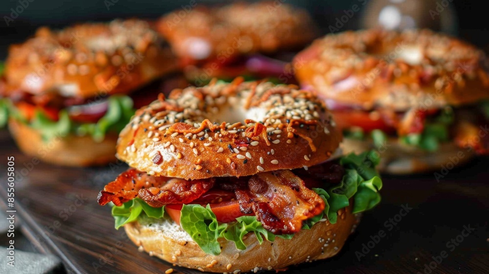 Tempeh Bacon Bagels. Close-up of bagel sandwiches with bacon, lettuce and tomato Tempeh Bacon Bagels. Close-up of bagel sandwiches with bacon, lettuce and tomato