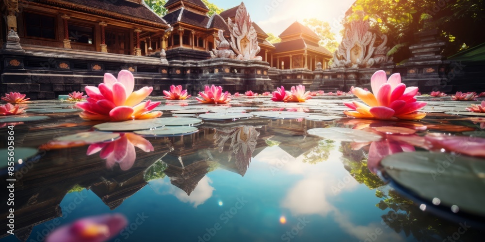 Fototapeta premium Single orange flower with water droplets in a pond. Macro shot photography.