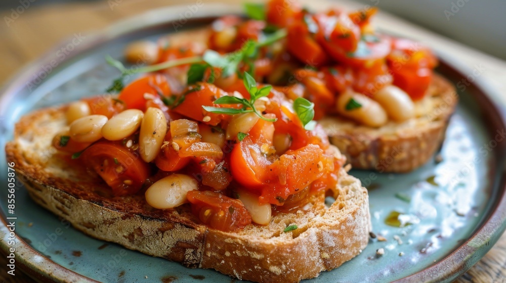 Tomato and White Bean Stew on Toast. Bruschetta with beans and tomatoes on wooden plate. Tomato and White Bean Stew on Toast. Bruschetta with beans and tomatoes on wooden plate.
