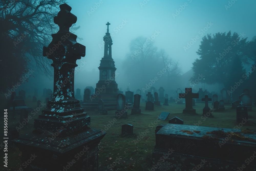 A cemetery with a prominent cross in the middle, surrounded by tombstones on a foggy day, A spooky graveyard with fog rolling in A cemetery with a prominent cross in the middle, surrounded by tombstones on a foggy day, A spooky graveyard with fog rolling in