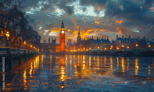 Big Ben and Westminster Bridge at Night with Reflections on the Thames River, London, Cityscape, and Illuminated Architecture