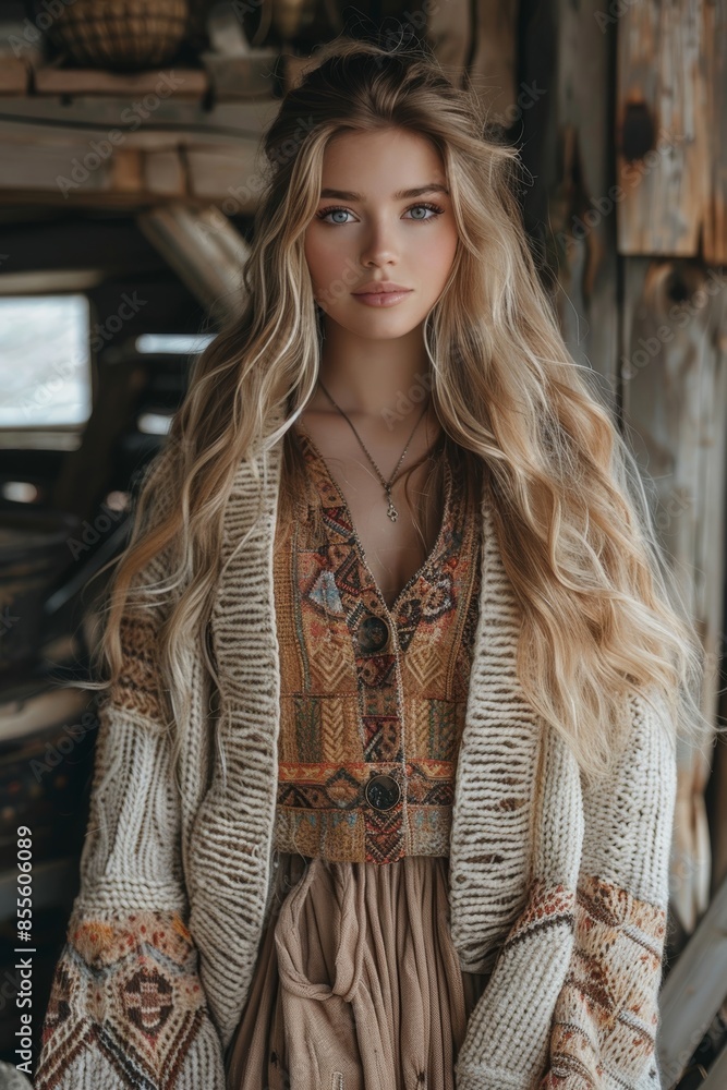 Beautiful Nordic lady in a rustic wooden cabin, with traditional Nordic decor, nordic beauty, rustic charm. Beautiful Nordic lady in a rustic wooden cabin, with traditional Nordic decor, nordic beauty, rustic charm.