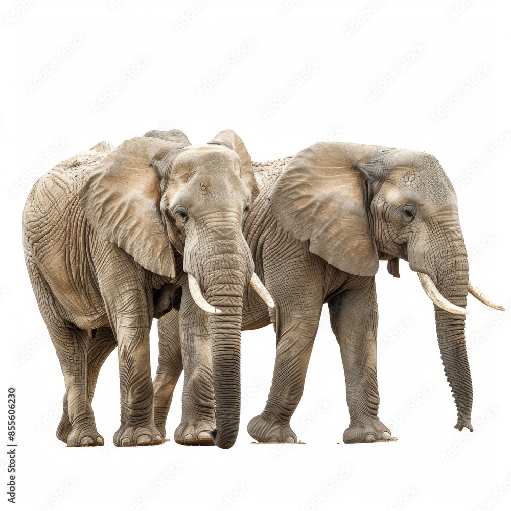Two majestic elephants walking gracefully side by side in a natural setting, isolated on a white background
