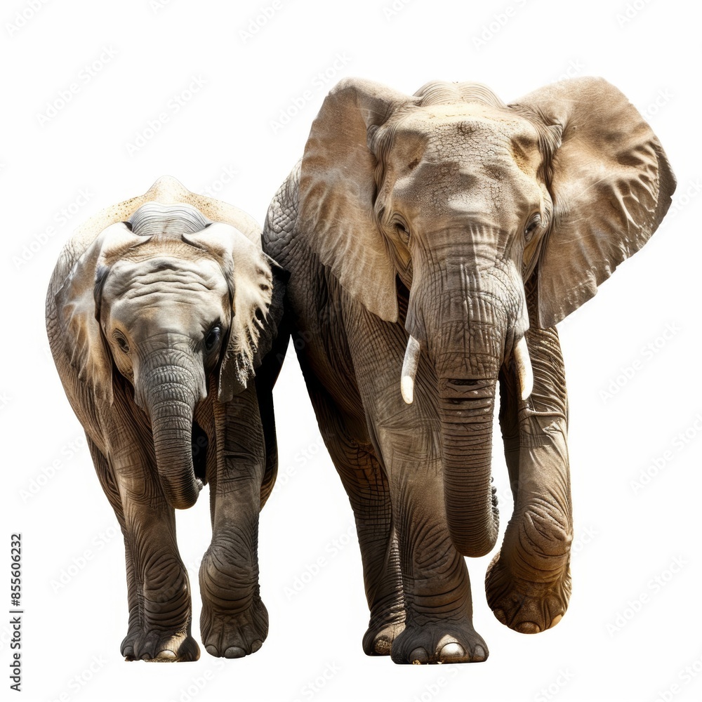 Fototapeta premium Two majestic elephants walking gracefully side by side in a natural setting, isolated on a white background