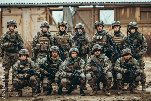 Uniformed soldiers standing in formation, posing for a group photo, A squad of soldiers in uniform posing for a photo in front of a military base photo