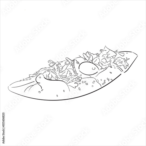 khachapuri drawing. traditional boat pie with cheese and egg hand drawn isolated on white. Ajarian or georgian . bakery vector sketch in vintage engraved style. rustic pastry illustration. for design