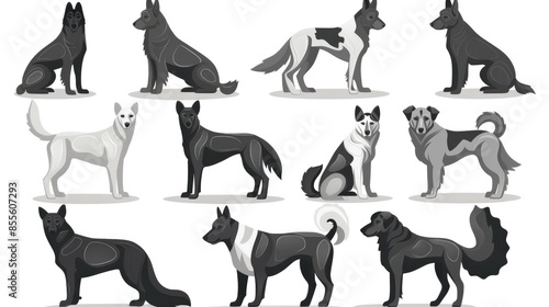 Collection of dog breed icons in cartoon style includes Stafford Spitz Giant Schnauzer and German Shepherd in black and white