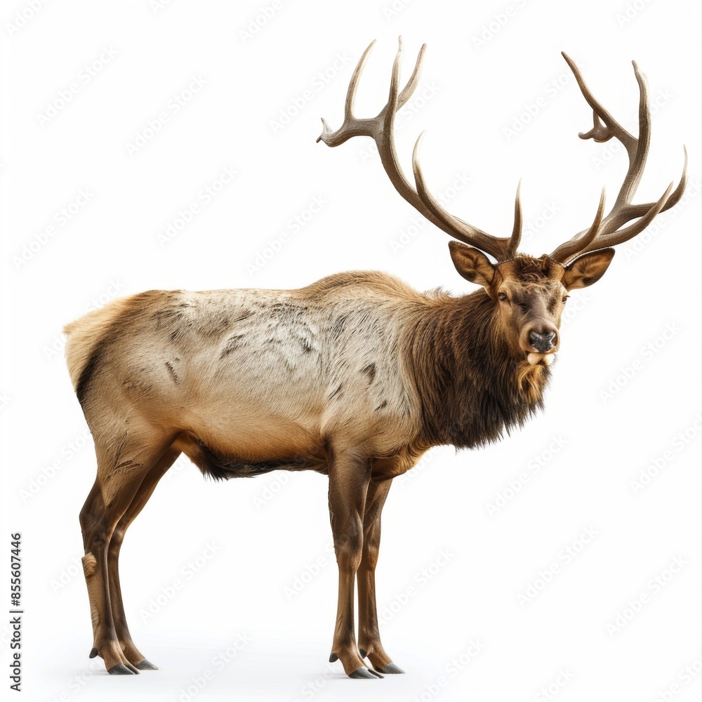 A majestic elk with a large rack of antlers isolated on a white background A majestic elk with a large rack of antlers isolated on a white background