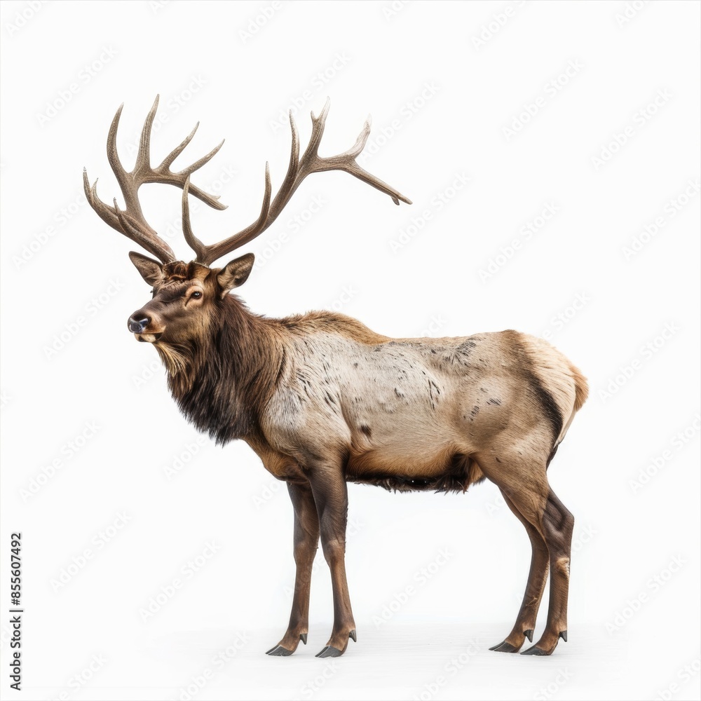 Fototapeta premium A majestic elk with a large rack of antlers isolated on a white background