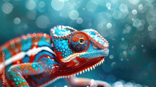 A colorful chameleon with a blue and red body and a red head photo