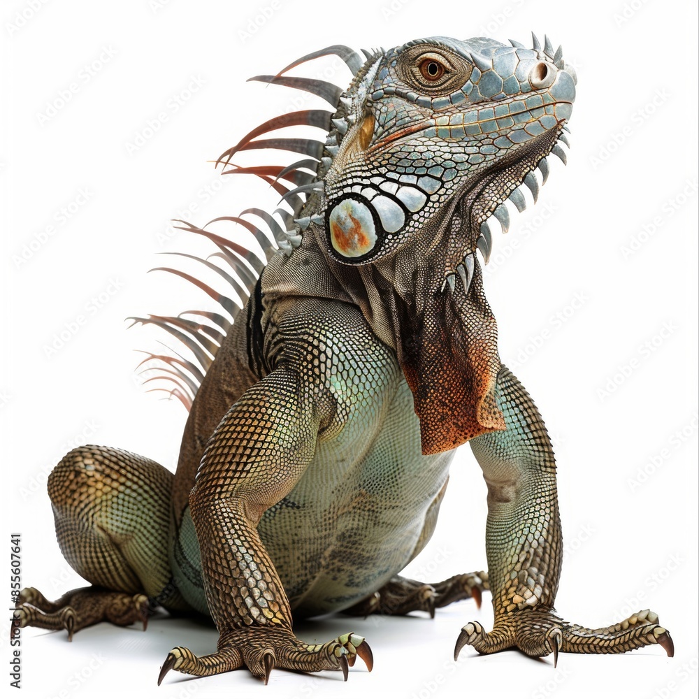 Fototapeta premium A close-up of an iguana isolated on a white background, showcasing its spiny back and textured skin