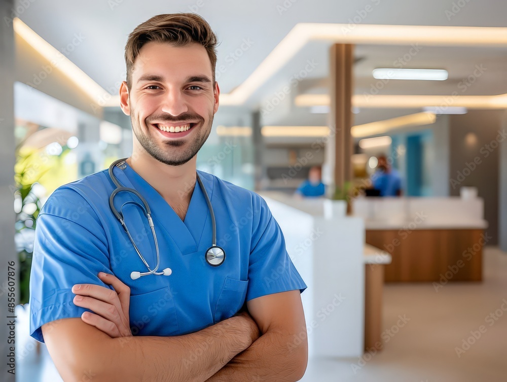 Smiling male nurse with arms crossed in a modern health clinic interior. Smiling male nurse with arms crossed in a modern health clinic interior.