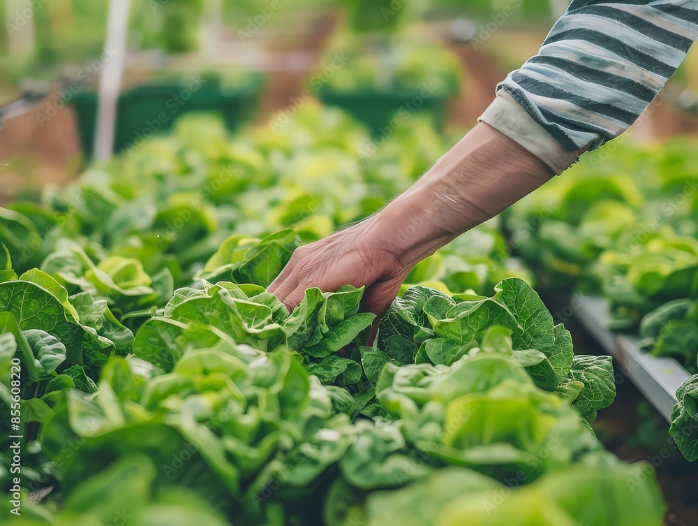 Close up person checking lettuce in hydroponics row on raised beds. Close up person checking lettuce in hydroponics row on raised beds.