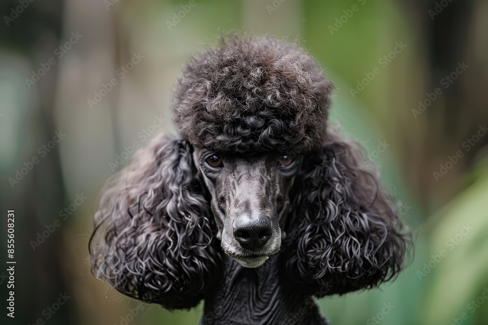 A close-up view of a well-groomed standard poodle with a curly coat, set against a bush in the background, A standard poodle with a perfectly groomed curly coat A close-up view of a well-groomed standard poodle with a curly coat, set against a bush in the background, A standard poodle with a perfectly groomed curly coat