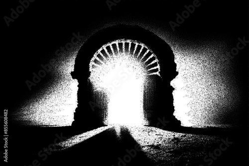 Ancient ruins in sci-fi scene with dotwork retro style. Mysterious gate debris with dramatic lights and retro texture