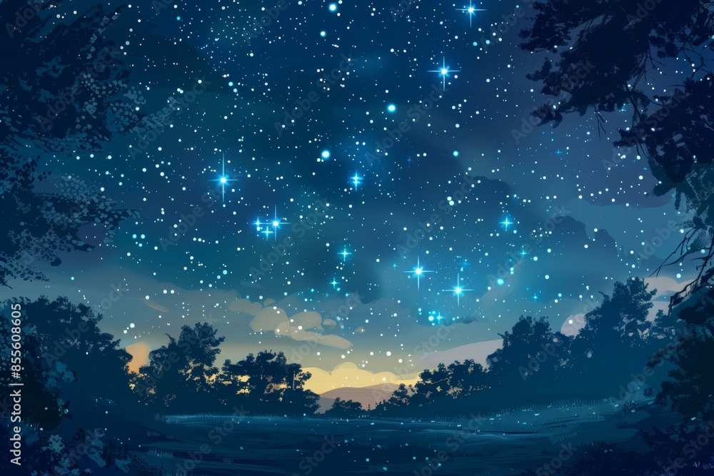 A view of a dark night sky with numerous stars shining brightly above a forest of tall trees, A starry night sky dotted with twinkling constellations A view of a dark night sky with numerous stars shining brightly above a forest of tall trees, A starry night sky dotted with twinkling constellations