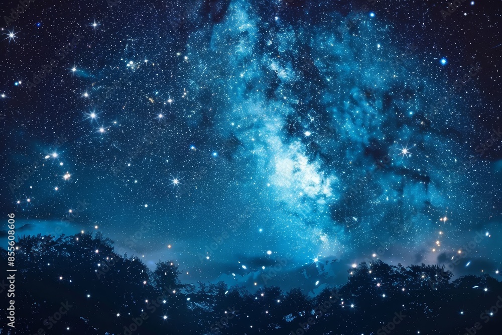 Obraz premium A night sky featuring numerous stars shining among drifting clouds, A starry night sky dotted with twinkling constellations