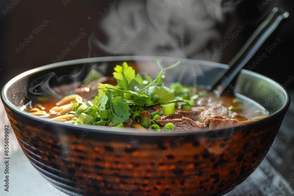 A hot bowl of beef noodle soup with scallions topped with a spoon, ready to be enjoyed, A steaming bowl of beef noodle soup with scallions and cilantro A hot bowl of beef noodle soup with scallions topped with a spoon, ready to be enjoyed, A steaming bowl of beef noodle soup with scallions and cilantro