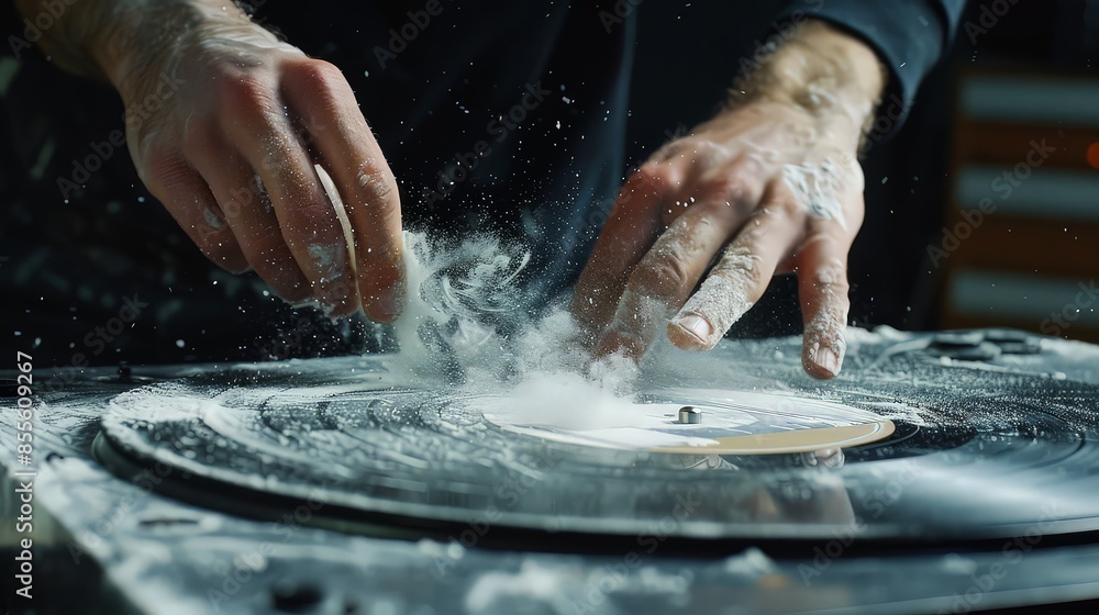 Fototapeta premium Young audiophile cleaning dust form vinyl record. 