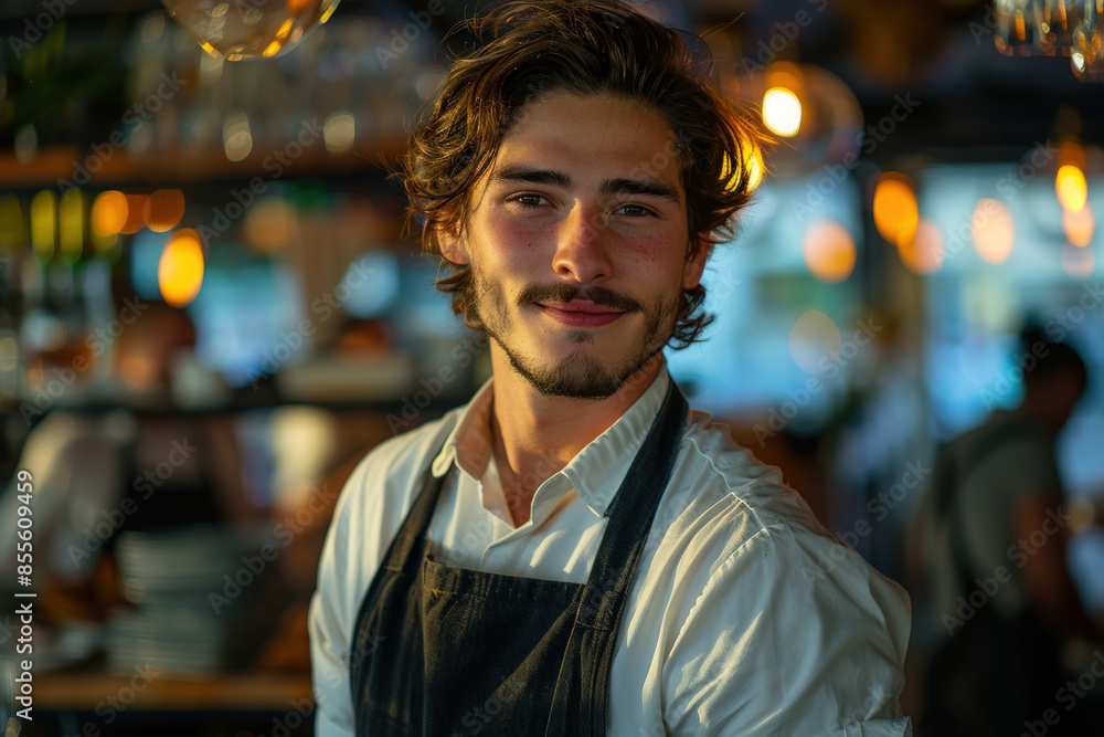 Fototapeta premium Portrait of a Café Bartender in Warm Evening Light