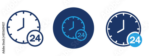 Available icon, 24 hours available icon with clock symbol in both filled and outlined format, fully editable round the clock available icon