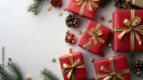 Christmas gifts wrapped in red paper with a gold silk ribbon on a white marble background with gold Christmas decor. New Year Christmas. Place for text. Copy space