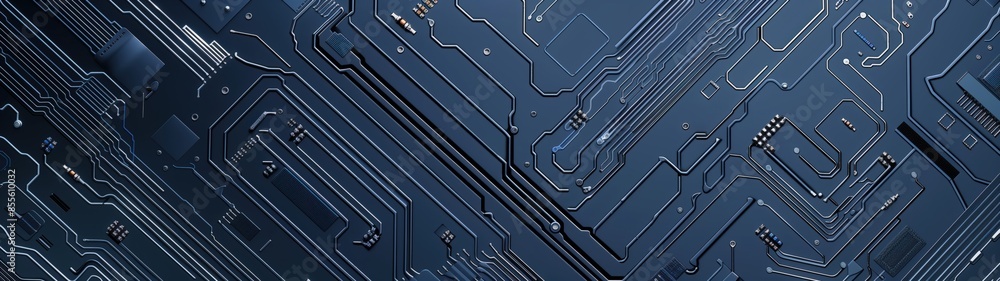 Electronic circuit board detailed close-up, dark blue computer motherboard. AI ML technology hardware minimalist concept background banner Electronic circuit board detailed close-up, dark blue computer motherboard. AI ML technology hardware minimalist concept background banner