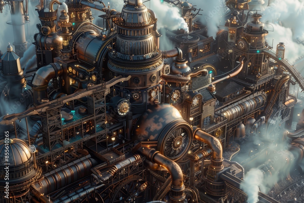 Fototapeta premium A metropolis filled with industrial buildings, surrounded by billowing smoke and steam, A steampunk-inspired metropolis with gears and pipes everywhere
