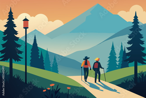 Hiking adventure scene in flat style. Hiker traveling on the wild landscape, with mountains