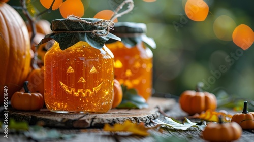  Pumpkin and orange marmalade in funny jars for Halloween. Scary and funny holiday decor. Halloween product card.