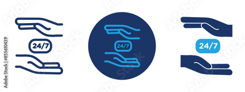 24/7 support icon set, 24 hours and 7 days a week assistant and support icon, 24/7 support and care icon with hands in editable multiple formats