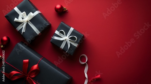 Christmas gifts wrapped in black paper with a white silk ribbon on a red background with red and white decor. New Year Christmas. Place for text. Copy space