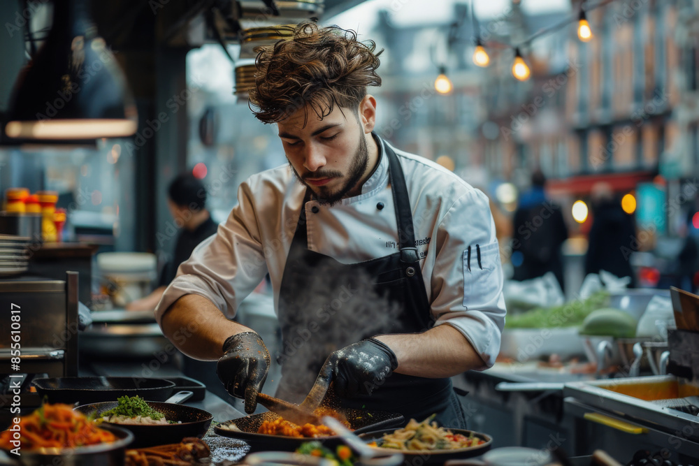 Evening Chef in Action at Outdoor Market Evening Chef in Action at Outdoor Market