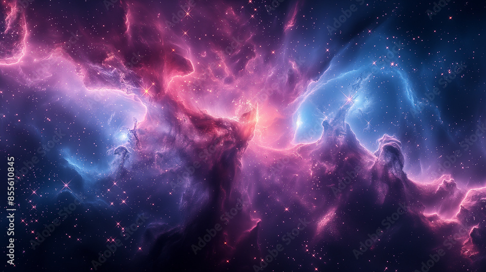 A colorful space scene with a purple and blue cloud in the middle A colorful space scene with a purple and blue cloud in the middle