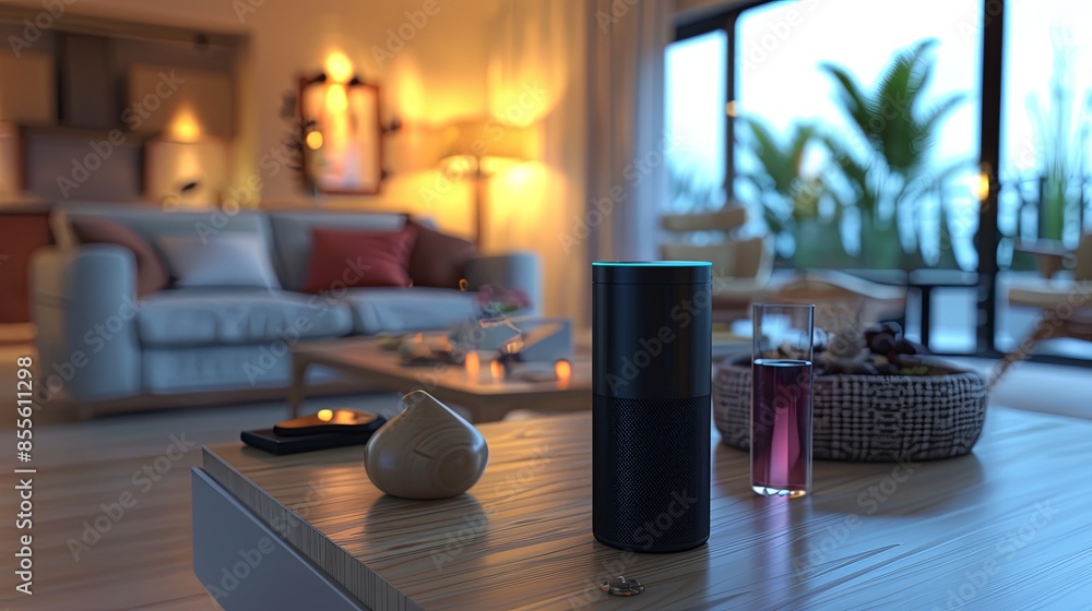 A sleek voice assistant device sits on a coffee table in a stylish living room, ready to respond to user commands. Generative AI A sleek voice assistant device sits on a coffee table in a stylish living room, ready to respond to user commands. Generative AI