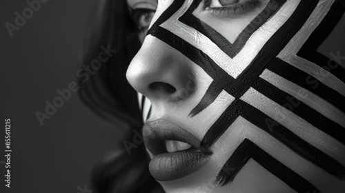 Drawing and on the face of a girl with an optical illusion of makeup in black and white