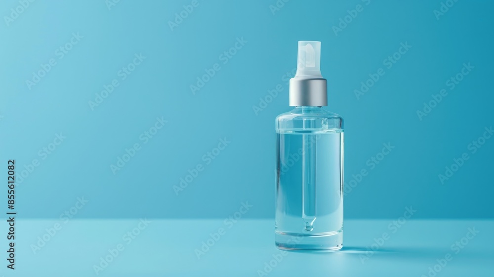 Collagen rejuvenation cosmetic in clear bottle with pipette on blue background Collagen rejuvenation cosmetic in clear bottle with pipette on blue background