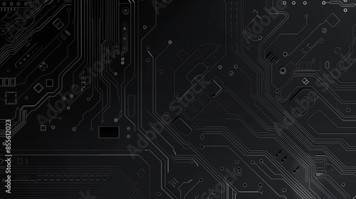 Electronic circuit board detailed close-up, dark black computer motherboard. AI ML technology hardware minimalist concept background banner