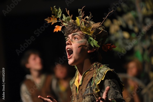 Student dressed in costume with leaves on head performing in school play, A student performing in a school play, dressed in costume and reciting lines on stage